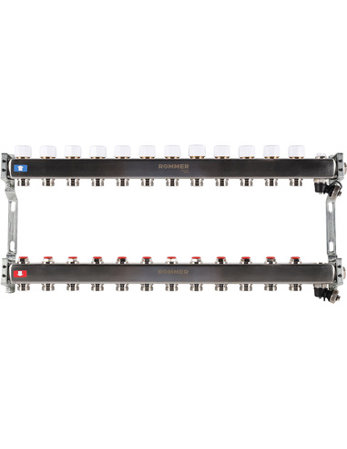 Коллектор ROMMER из нержавеющей стали без расходомеров 12 вых. с воздухоотводчиком и сливом