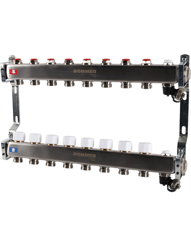 Коллектор ROMMER из нержавеющей стали без расходомеров 8 вых. с воздухоотводчиком и сливом