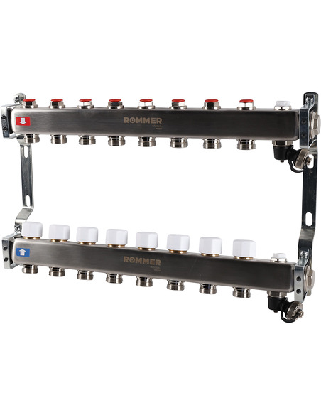 Коллектор ROMMER из нержавеющей стали без расходомеров 8 вых. с воздухоотводчиком и сливом