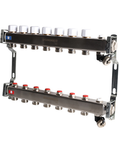 Коллектор ROMMER из нержавеющей стали без расходомеров 7 вых. с воздухоотводчиком и сливом