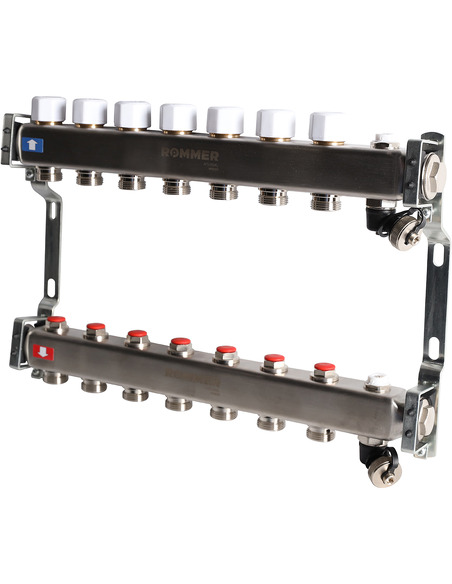 Коллектор ROMMER из нержавеющей стали без расходомеров 7 вых. с воздухоотводчиком и сливом