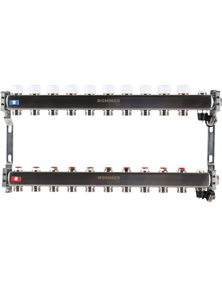Коллектор ROMMER из нержавеющей стали без расходомеров 10 вых. с воздухоотводчиком и сливом