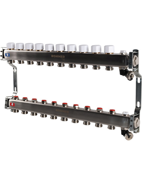 Коллектор ROMMER из нержавеющей стали без расходомеров 10 вых. с воздухоотводчиком и сливом