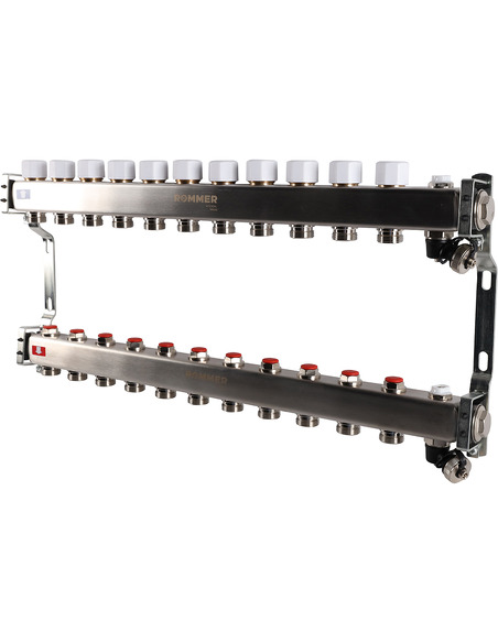 Коллектор ROMMER из нержавеющей стали без расходомеров 11 вых. с воздухоотводчиком и сливом