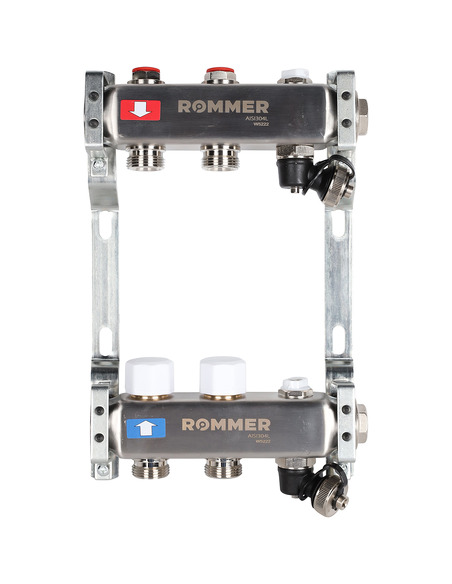 Коллектор ROMMER из нержавеющей стали без расходомеров 2 вых. с воздухоотводчиком и сливом