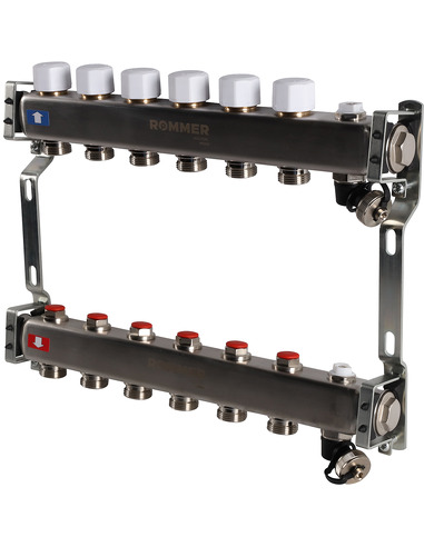 Коллектор ROMMER из нержавеющей стали без расходомеров 6 вых. с воздухоотводчиком и сливом