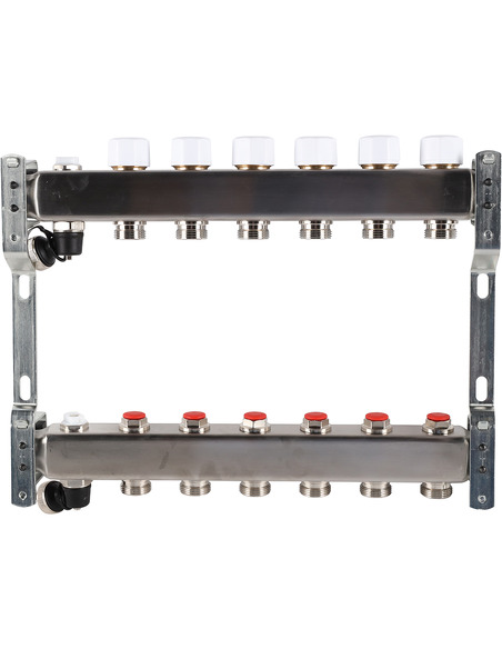 Коллектор ROMMER из нержавеющей стали без расходомеров 6 вых. с воздухоотводчиком и сливом