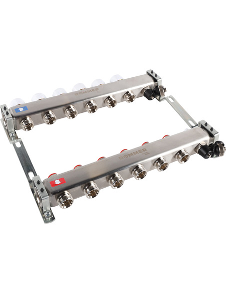 Коллектор ROMMER из нержавеющей стали без расходомеров 6 вых. с воздухоотводчиком и сливом