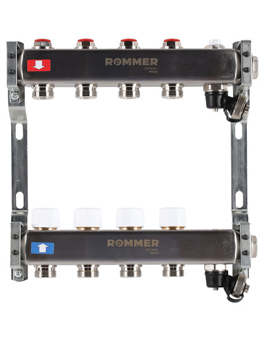 Коллектор ROMMER из нержавеющей стали без расходомеров 4 вых. с воздухоотводчиком и сливом