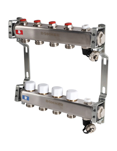 Коллектор ROMMER из нержавеющей стали без расходомеров 4 вых. с воздухоотводчиком и сливом