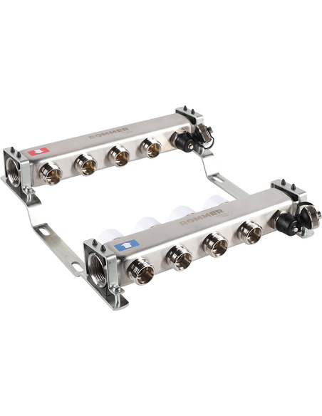 Коллектор ROMMER из нержавеющей стали без расходомеров 4 вых. с воздухоотводчиком и сливом