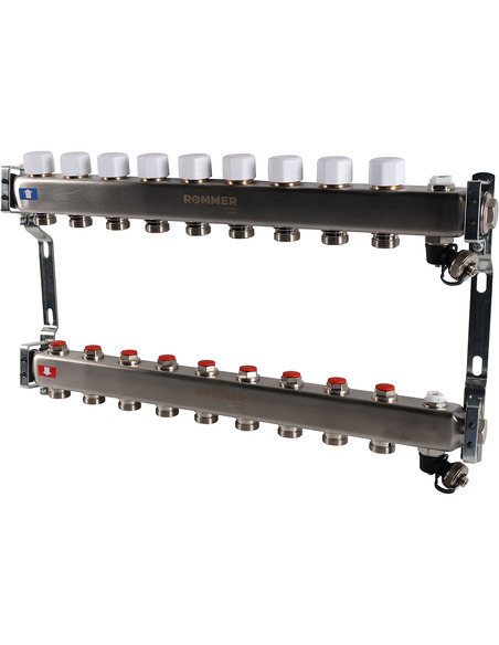 Коллектор ROMMER из нержавеющей стали без расходомеров 9 вых. с воздухоотводчиком и сливом
