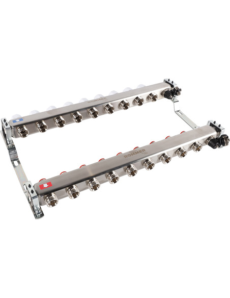 Коллектор ROMMER из нержавеющей стали без расходомеров 9 вых. с воздухоотводчиком и сливом