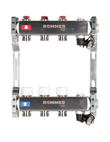 Коллектор ROMMER из нержавеющей стали без расходомеров 3 вых. с воздухоотводчиком и сливом