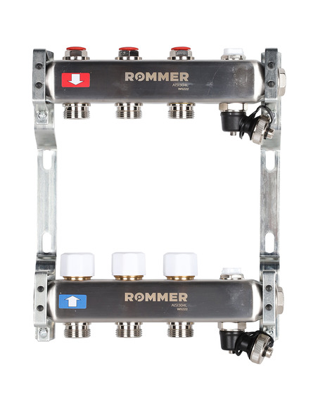 Коллектор ROMMER из нержавеющей стали без расходомеров 3 вых. с воздухоотводчиком и сливом