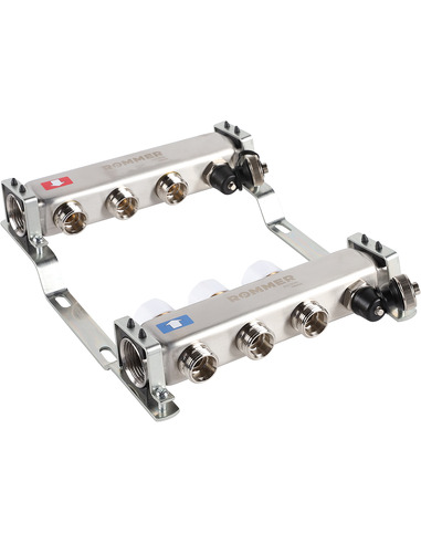 Коллектор ROMMER из нержавеющей стали без расходомеров 3 вых. с воздухоотводчиком и сливом