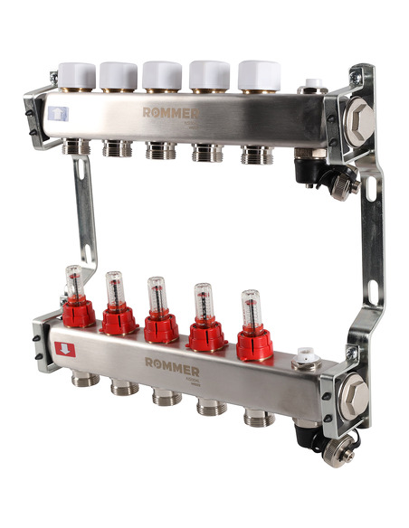 Коллектор ROMMER из нержавеющей стали с расходомерами 5 вых. с воздухоотводчиком и сливом