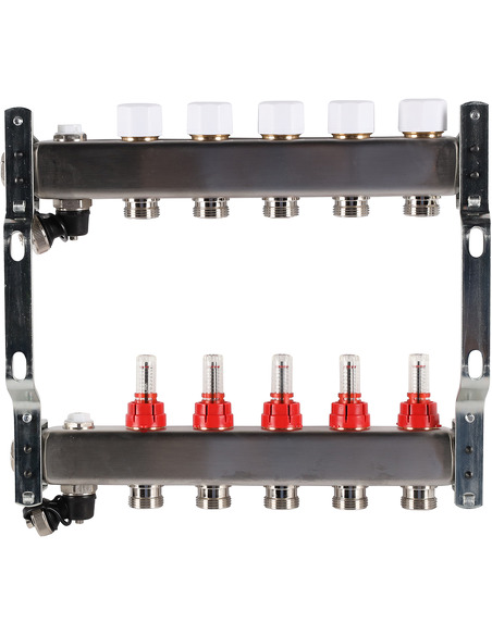 Коллектор ROMMER из нержавеющей стали с расходомерами 5 вых. с воздухоотводчиком и сливом