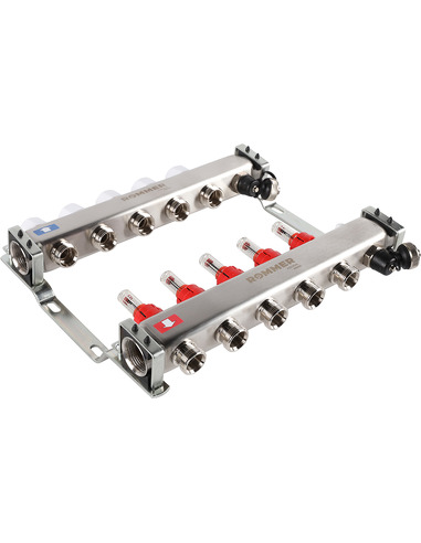 Коллектор ROMMER из нержавеющей стали с расходомерами 5 вых. с воздухоотводчиком и сливом