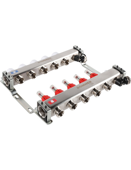 Коллектор ROMMER из нержавеющей стали с расходомерами 5 вых. с воздухоотводчиком и сливом