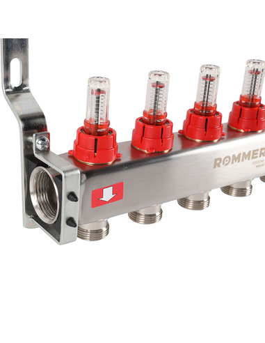 Коллектор ROMMER из нержавеющей стали с расходомерами 5 вых. с воздухоотводчиком и сливом