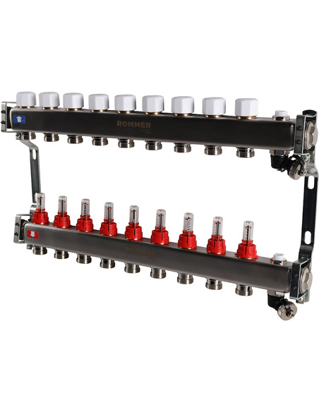 Коллектор ROMMER из нержавеющей стали с расходомерами 9 вых. с воздухоотводчиком и сливом
