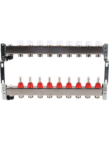 Коллектор ROMMER из нержавеющей стали с расходомерами 9 вых. с воздухоотводчиком и сливом