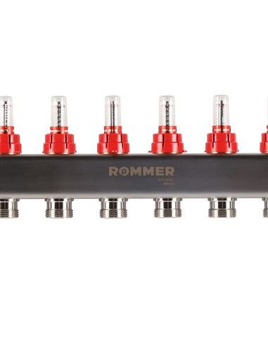 Коллектор ROMMER из нержавеющей стали с расходомерами 9 вых. с воздухоотводчиком и сливом