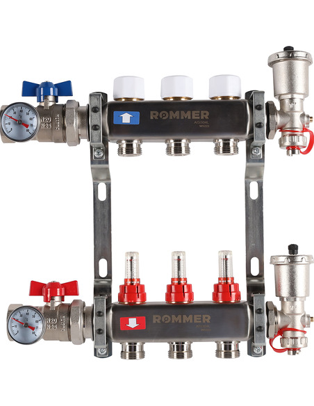 Коллектор ROMMER из нержавеющей стали в сборе с расходомерами 3 вых.