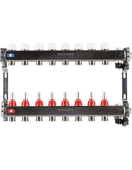 Коллектор ROMMER из нержавеющей стали с расходомерами 8 вых. с воздухоотводчиком и сливом