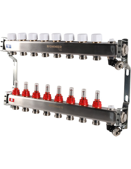 Коллектор ROMMER из нержавеющей стали с расходомерами 8 вых. с воздухоотводчиком и сливом