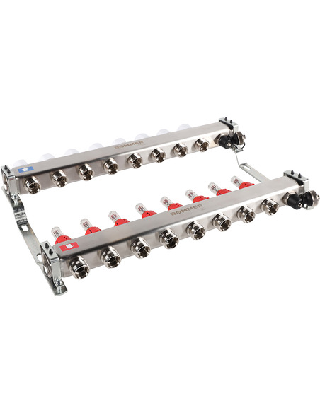 Коллектор ROMMER из нержавеющей стали с расходомерами 8 вых. с воздухоотводчиком и сливом
