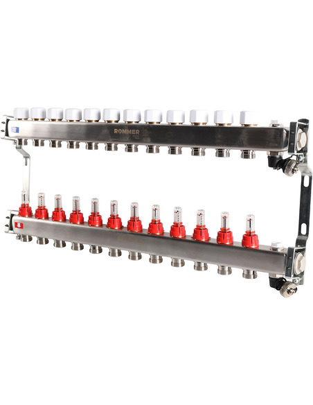 Коллектор ROMMER из нержавеющей стали с расходомерами 12 вых. с воздухоотводчиком и сливом