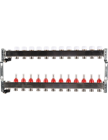 Коллектор ROMMER из нержавеющей стали с расходомерами 12 вых. с воздухоотводчиком и сливом