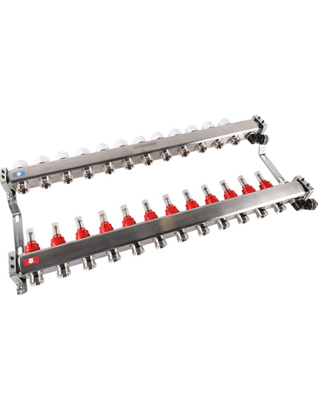 Коллектор ROMMER из нержавеющей стали с расходомерами 12 вых. с воздухоотводчиком и сливом