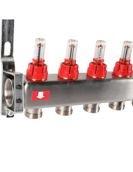 Коллектор ROMMER из нержавеющей стали с расходомерами 12 вых. с воздухоотводчиком и сливом