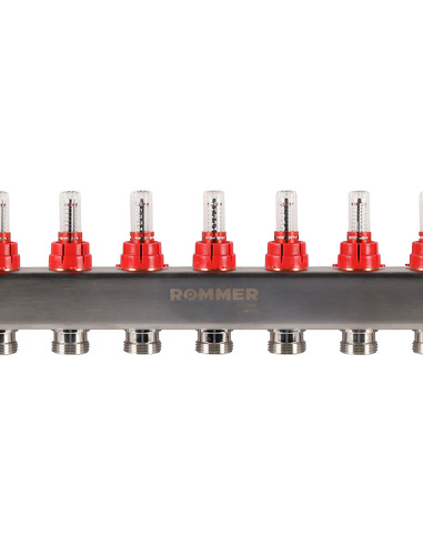 Коллектор ROMMER из нержавеющей стали с расходомерами 12 вых. с воздухоотводчиком и сливом