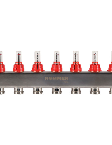 Коллектор ROMMER из нержавеющей стали с расходомерами 12 вых. с воздухоотводчиком и сливом