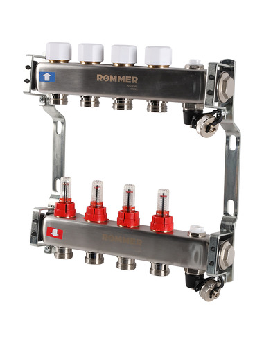 Коллектор ROMMER из нержавеющей стали с расходомерами 4 вых. с воздухоотводчиком и сливом