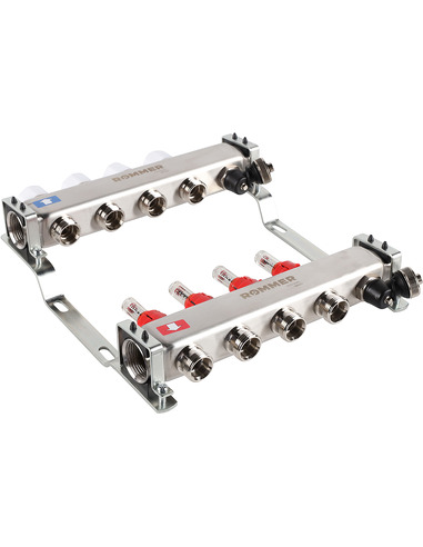 Коллектор ROMMER из нержавеющей стали с расходомерами 4 вых. с воздухоотводчиком и сливом