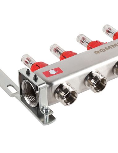 Коллектор ROMMER из нержавеющей стали с расходомерами 4 вых. с воздухоотводчиком и сливом