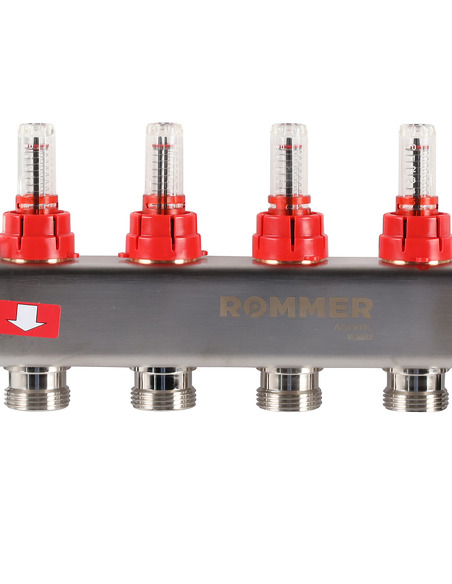 Коллектор ROMMER из нержавеющей стали с расходомерами 4 вых. с воздухоотводчиком и сливом
