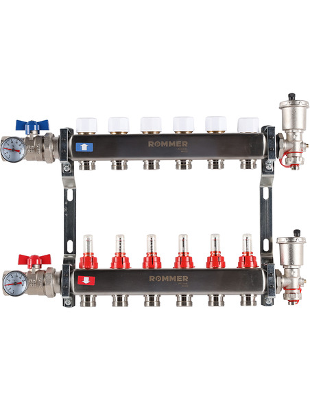 Коллектор ROMMER из нержавеющей стали в сборе с расходомерами 6 вых.