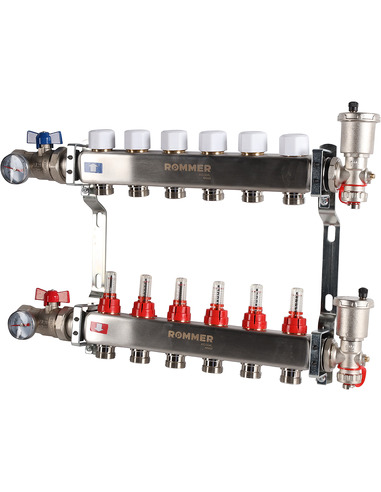 Коллектор ROMMER из нержавеющей стали в сборе с расходомерами 6 вых.