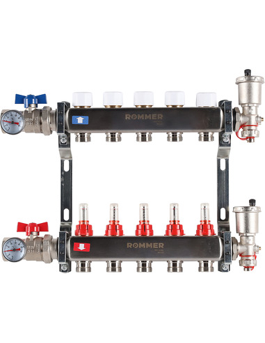 Коллектор ROMMER из нержавеющей стали в сборе с расходомерами 5 вых.