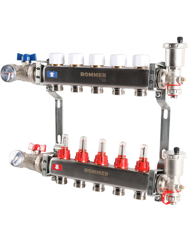 Коллектор ROMMER из нержавеющей стали в сборе с расходомерами 5 вых.