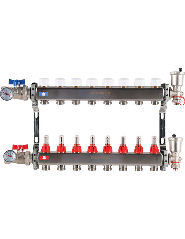 Коллектор ROMMER из нержавеющей стали в сборе с расходомерами 8 вых.