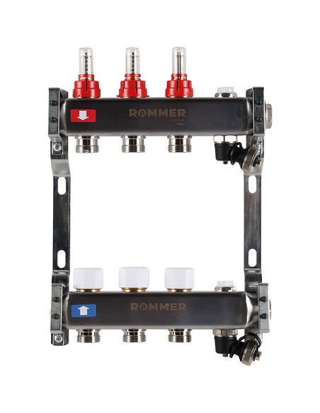Коллектор ROMMER из нержавеющей стали с расходомерами 3 вых. с воздухоотводчиком и сливом