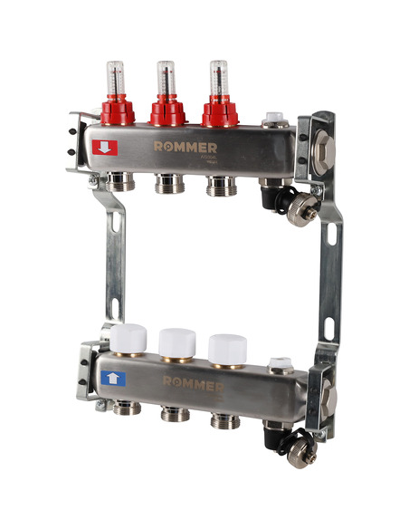 Коллектор ROMMER из нержавеющей стали с расходомерами 3 вых. с воздухоотводчиком и сливом