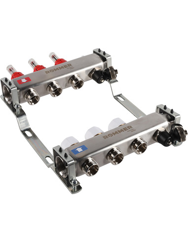 Коллектор ROMMER из нержавеющей стали с расходомерами 3 вых. с воздухоотводчиком и сливом
